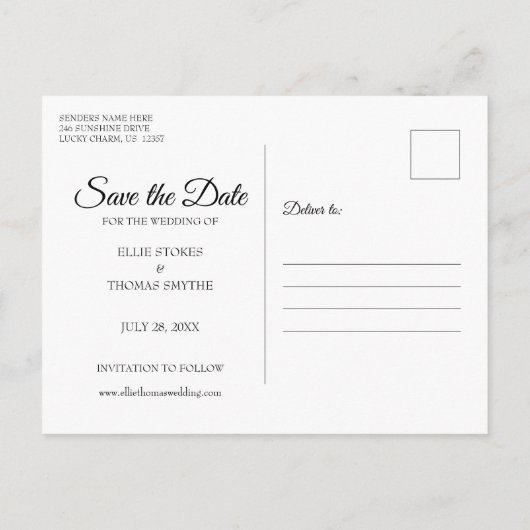 Carte Postale Élégant Script Simple Photo Enregistrer la date Ca (Dos)