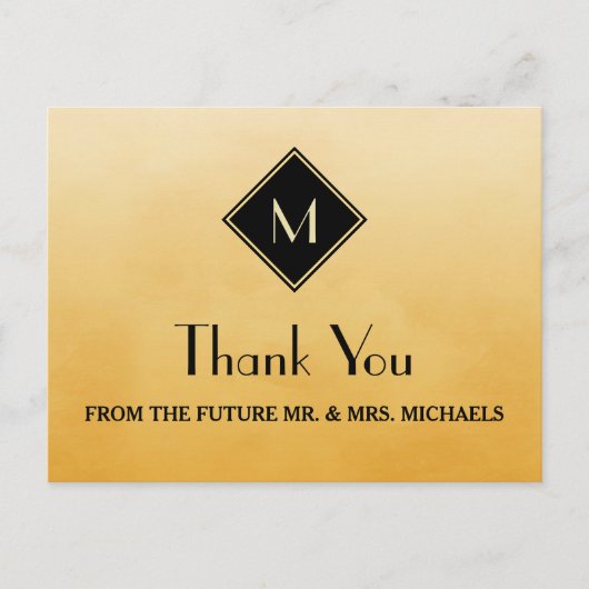 Carte Postale Elégant Simple Jaune Avec Merci Monogramme Or (Devant)