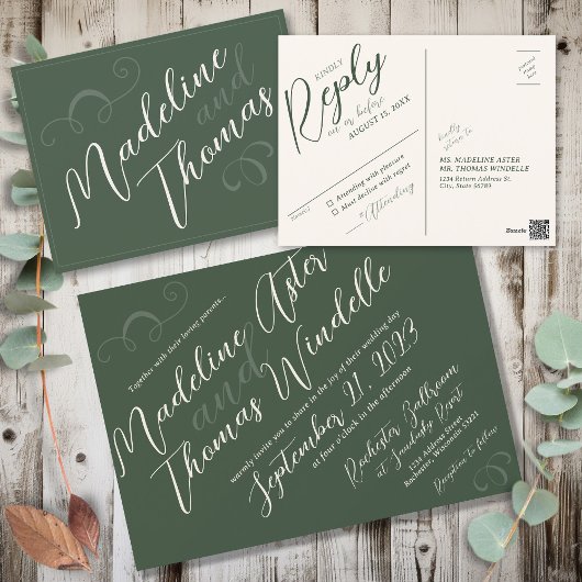 Carte Postale Élégant Simple Script Sage Vert Mariage RSVP