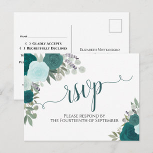 Carte Postale Elégant Turquoise Aquarelle Roses mariage RSVP