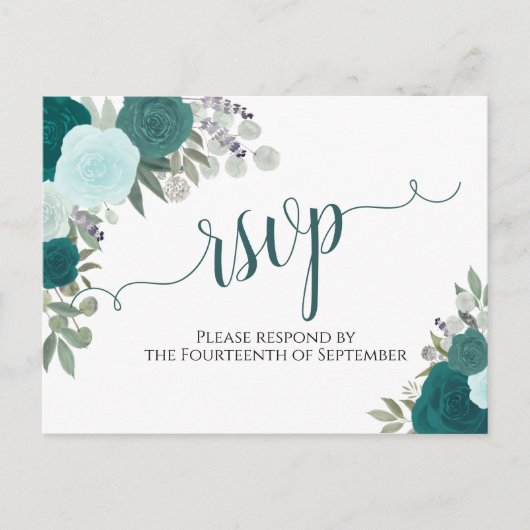Carte Postale Elégant Turquoise Aquarelle Roses mariage RSVP (Devant)