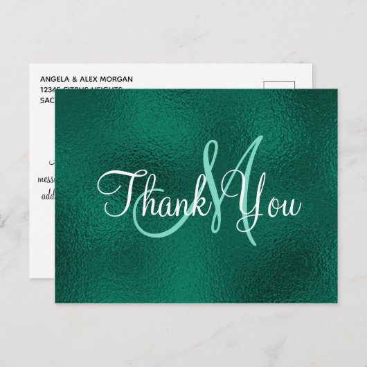 Carte Postale Élégant Turquoise Vert Faux Foil Monogramme Merci (Devant / Derrière)
