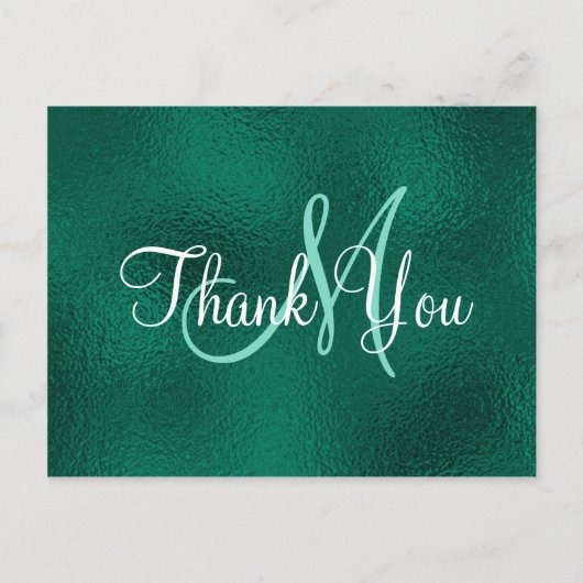 Carte Postale Élégant Turquoise Vert Faux Foil Monogramme Merci (Devant)