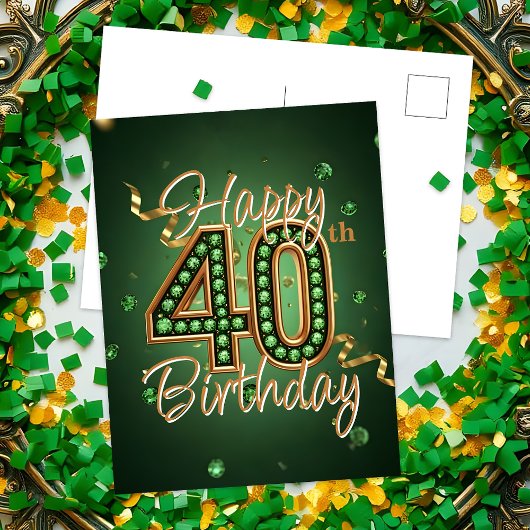 Carte Postale Élégant Vert Émeraude et Or 40e Anniversaire