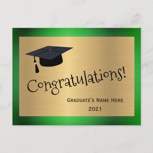 Carte Postale Elegant Vert Or Casquette Félicitations Diplômé (Devant)