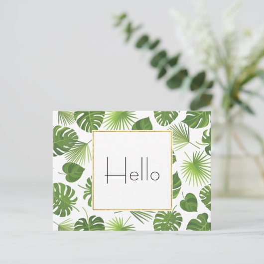 Carte Postale Élégant Vert Tropical Feuille Motif Hello (Debout devant)