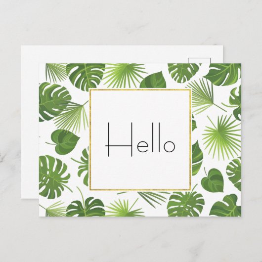 Carte Postale Élégant Vert Tropical Feuille Motif Hello (Devant / Derrière)