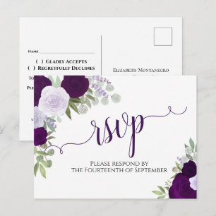 Carte Postale Elégant violet aquarelle Roses mariage RSVP