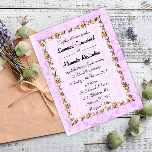 Carte Postale Élégant violet Damask et Mariage or