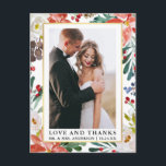 Carte Postale Elegant Watercolor Winter Floral Love and Thanks<br><div class="desc">Elegant Watercolor Winter Floral and Greenery Bride and Groom Love and Thanks Wedding Photo Thank You Postcard inclucard des red poinsettias,  white roses,  holly berries et botanical greenery. Des Gold Frame.</div>