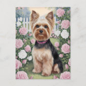 Carte Postale Elégant Yorkshire Terrier Rose Jardin Peinture (Devant)