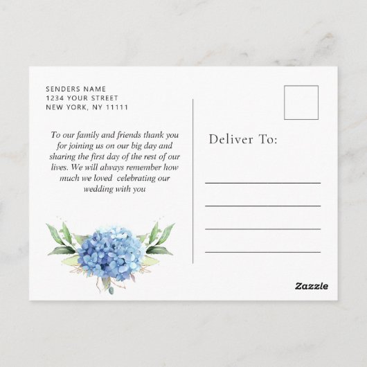 Carte Postale Elégante aquarelle bleu Hydrangea Boho Merci (Dos)