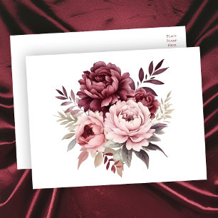 Carte Postale Elégante aquarelle florale Burgundy Peony Mariage