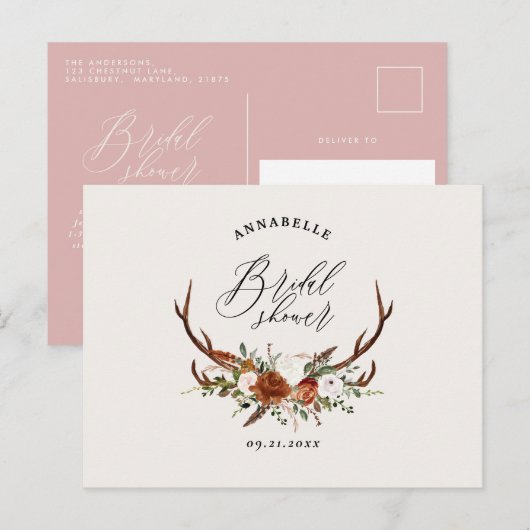 Carte Postale Élégante baby shower rose poudré floral rustique (Devant / Derrière)