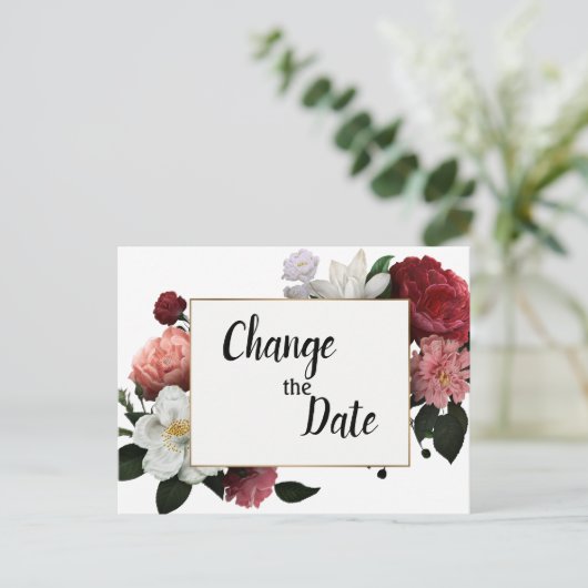 Carte Postale Elégante Bourgogne et Fleurs roses Changer de date (Debout devant)