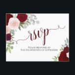 Carte Postale Elégante Bourgogne rouge Aquarelle Rose Mariage RS<br><div class="desc">Ces belles cartes postales RSVP de mariage présentent une jolie aquarelle peinte à la main avec des roses dans les tons rose roux, bordeaux et rouge. Le titre lit RSVP en calligraphie de script dentée avec des boucles bouclés de chaque côté. Le dos est un formulaire à remplir et à...</div>