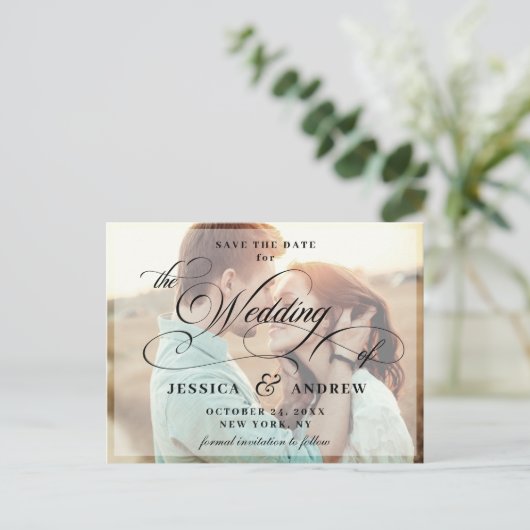 Carte Postale Élégante calligraphie Mariage Enregistrer la date (Debout devant)