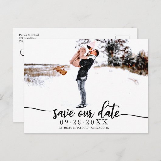Carte Postale Élégante Calligraphie Mariage Enregistrer La Date  (Devant / Derrière)