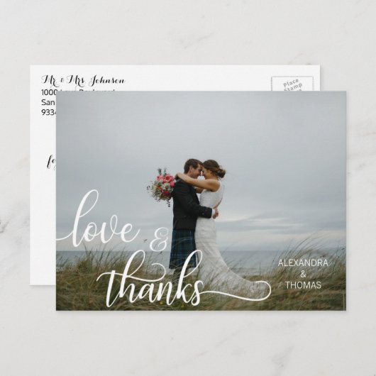 Carte Postale Élégante calligraphie Script LOVE & MERCI avec/ PH (Devant / Derrière)