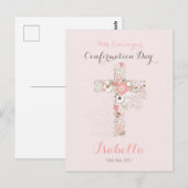 Carte Postale Elégante confirmation rose pâle nom croisé floral (Devant / Derrière)