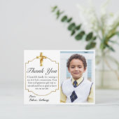 Carte Postale Elégante Croix d'or blanc 1er Merci communion (Debout devant)