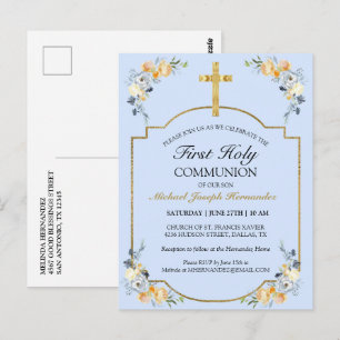 Carte Postale Elégante Croix d'or Bleu Floral 1ère Sainte Commun