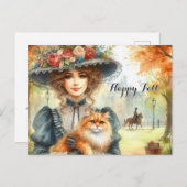 Carte Postale Élégante dame avec chat Bonne chute (Devant / Derrière)
