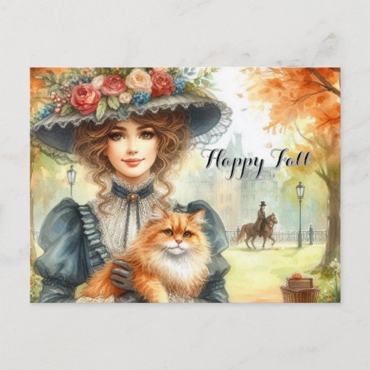 Carte Postale Élégante dame avec chat Bonne chute (Devant)