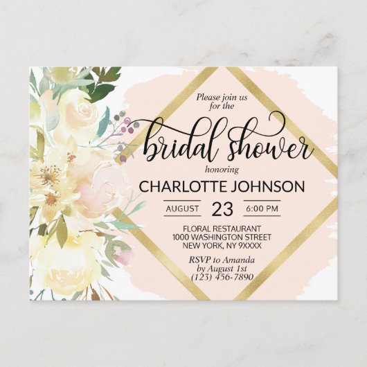 Carte Postale Élégante douche de mariée florale rose aquarelle (Devant)