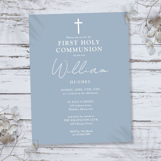 Carte Postale Elégante Dusty Blue First Holy Communion Invitatio