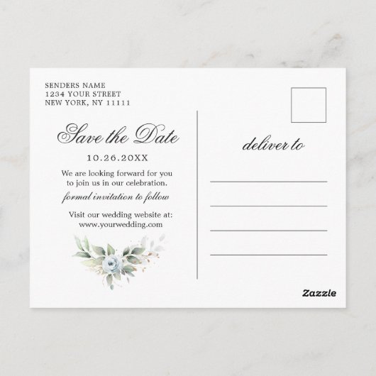 Carte Postale Elégante Dusty Blue Greenery Mariage Enregistrer l (Dos)