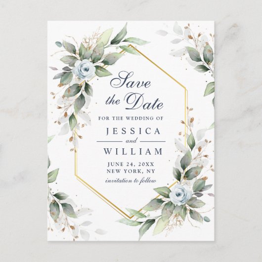 Carte Postale Elégante Dusty Blue Greenery Mariage Enregistrer l (Devant)