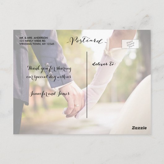 Carte Postale Élégante écriture manuscrite 2 Mariage photo Merci (Dos)