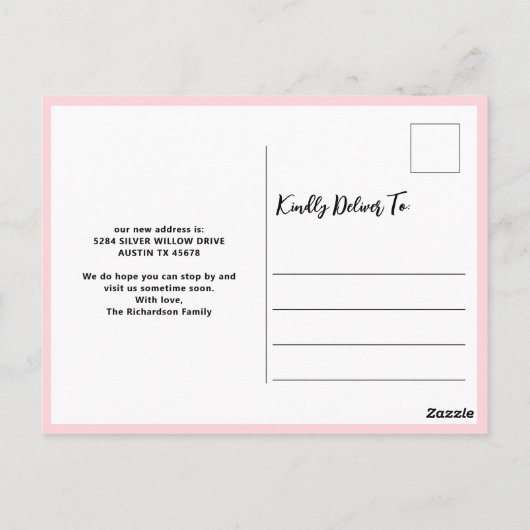 Carte Postale Élégante Faire-part de déplacement rose moderne (Dos)