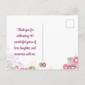 Carte Postale Elégante Fête Florale 90e Anniversaire / 90 Merci (Dos)