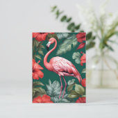 Carte Postale Elégante Flamant rose Hibiscus Fleurs Emerald Gree (Debout devant)