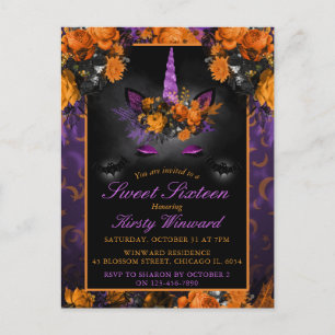 Carte Postale Elégante Fleurs d'Halloween Unicorn Sweet 16 Invit