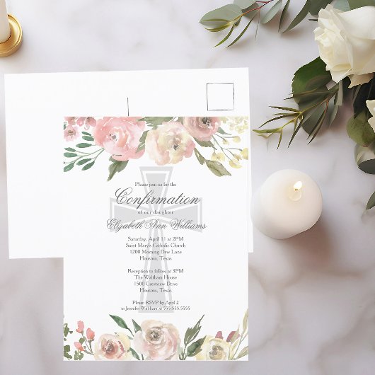 Carte Postale Élégante florale d'ivoire rose Confirmation religi