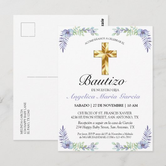 Carte Postale Elegante Lavanda Cruz De Oro Bautizo Bebé Invitati (Devant / Derrière)