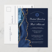 Carte Postale Elégante Marine Blue Gold Agate Bat mitzvah Party (Devant / Derrière)