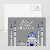 Carte Postale Elégante mosquée Bleue et Blanche Aïd Moubarak (Devant / Derrière)