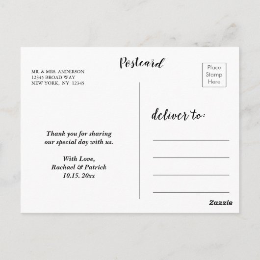 Carte Postale Élégante Photo de Remerciement de Mariage avec Cal (Dos)