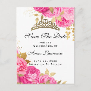 Carte Postale Élégante Quinceanera Florale Rose Chaud Enregistre