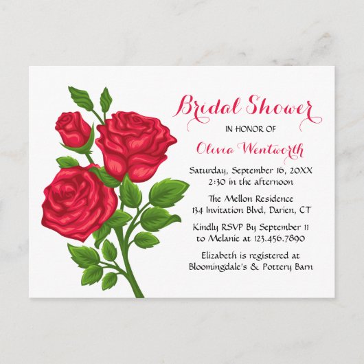 Carte Postale Elégante Rose Rouge Floral Douche nuptiale Invitat (Devant)