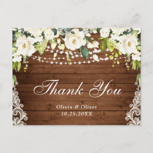 Carte Postale Elégante Roses Blanches Dentelle Rustique Merci Ca