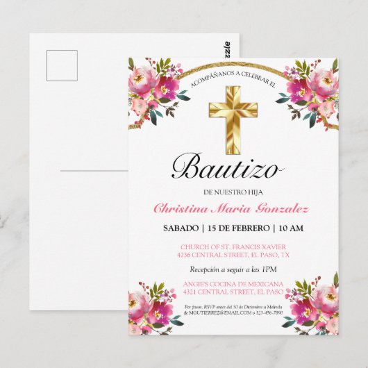 Carte Postale Elegante Tinta Floral Bautizo Cruz De Oro (Devant / Derrière)
