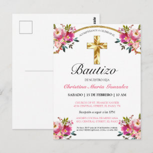 Carte Postale Elegante Tinta Floral Bautizo Cruz De Oro