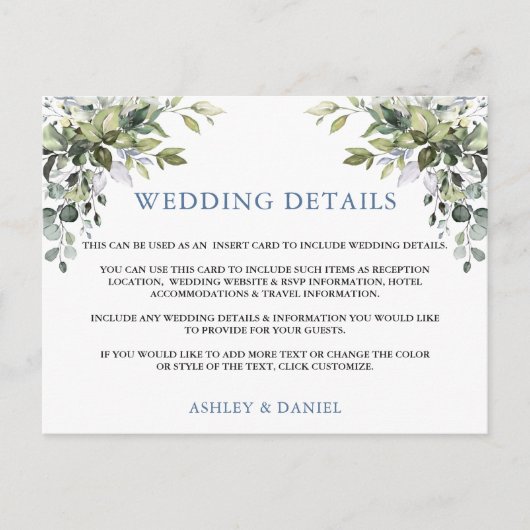 Carte Postale Elégante verdure Dusty Blue Mariage Details Card (Devant)