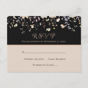 Carte Postale Élégantes Fleurs Sauvages Mariage Bohème Noir RSVP