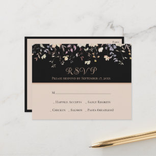 Carte Postale Élégantes Fleurs Sauvages Mariage Bohème Noir RSVP